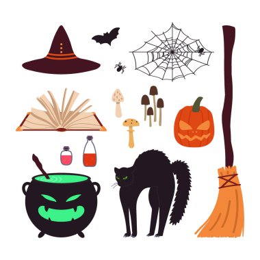 Cadılar Bayramı öğeleri beyaz arka planda izole edildi. Çizgi film tarzında vektör illüstrasyonu.