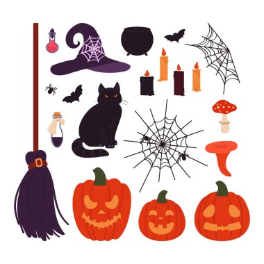 Cadılar Bayramı öğeleri beyaz arka planda izole edildi. Çizgi film tarzında vektör illüstrasyonu.