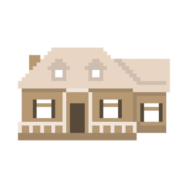 Beyaz arka planda izole edilmiş pikselli ev. Köy. Oyun grafikleri. 8 bit. Vektör illüstrasyonu