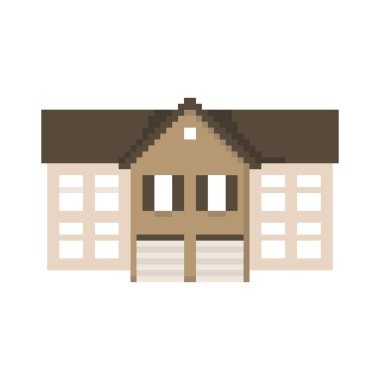 Beyaz arka planda izole edilmiş pikselli ev. Köy. Oyun grafikleri. 8 bit. Vektör illüstrasyonu