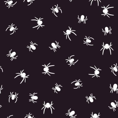Beyaz örümcekler koyu arkaplanda kusursuz desen oluşturuyorlar. Vektör illüstrasyonu.