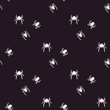 Beyaz örümcekler koyu arkaplanda kusursuz desen oluşturuyorlar. Vektör illüstrasyonu.