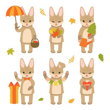 Beyaz arka planda izole edilmiş sevimli tavşan karakterleri. Sonbahar karakterleri koleksiyonu. Elle çek. Çizgi film tarzında vektör illüstrasyonu.