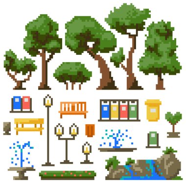 Beyaz arkaplan vektöründe izole edilmiş piksel parkı için elementler