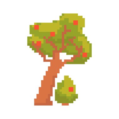 Beyaz arka planda izole edilmiş ağaç. Oyun grafikleri. Piksel resim tarzında 8 bit Vektör illüstrasyonu.