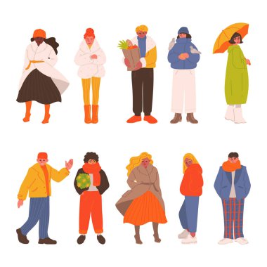 Sonbahar kıyafetleri giymiş bir grup genç. Beyaz arkaplanda izole edilmiş farklı karakterlerin toplanması. El çizimi biçiminde vektör illüstrasyonu.