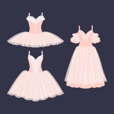 Koyu arkaplanda güzel bale elbiseleri. Mini, midi, maxi. Vektör illüstrasyonu.