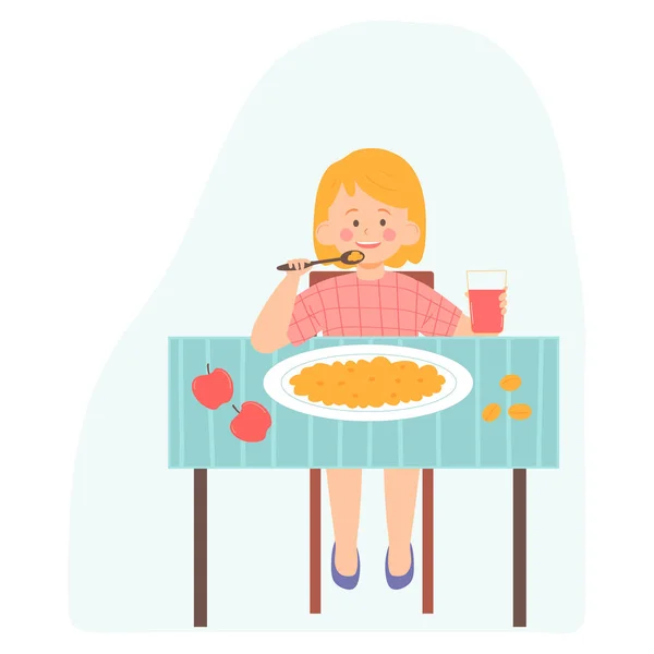 Kleines Mädchen Isst Brei Zum Frühstück Gesundes Essen Vektorillustration Für — Stockvektor