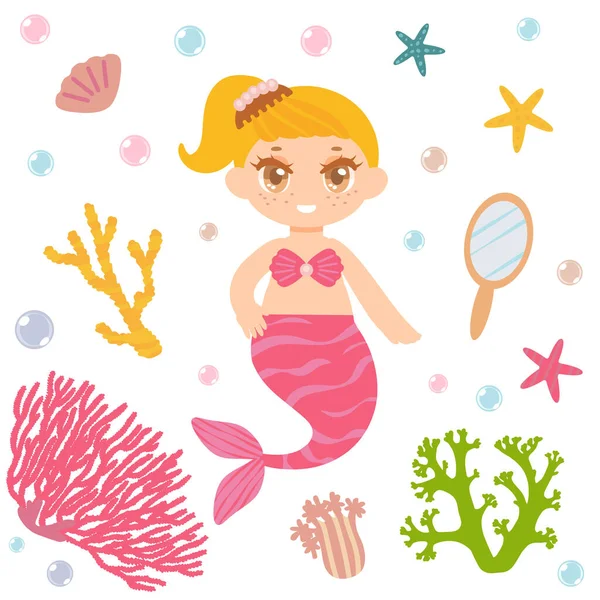 Cute Mermaid Blond Hair Sea Corals Isolated White Background Fairy — Stock Vector