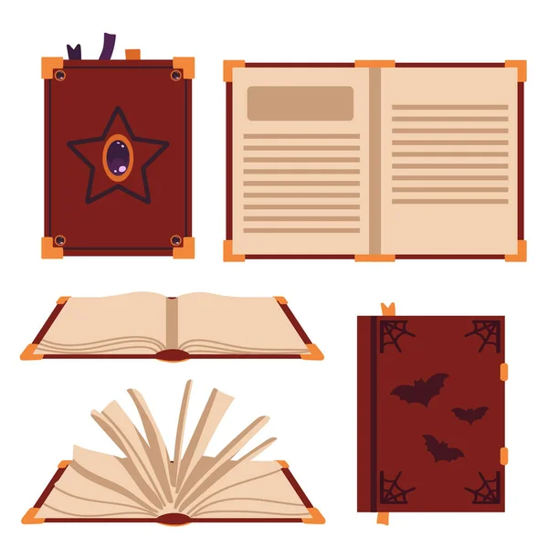 Libros Hechizos Aislados Sobre Fondo Blanco Libro Brujas Ilustración Vectorial — Vector de stock