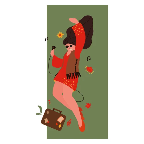 Hippie Mädchen Mit Einem Koffer Flachen Stil Vektorillustration — Stockvektor