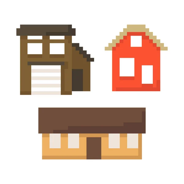 Beyaz Arka Planda Izole Edilmiş Pikselli Evler Köy Oyun Grafikleri — Stok Vektör