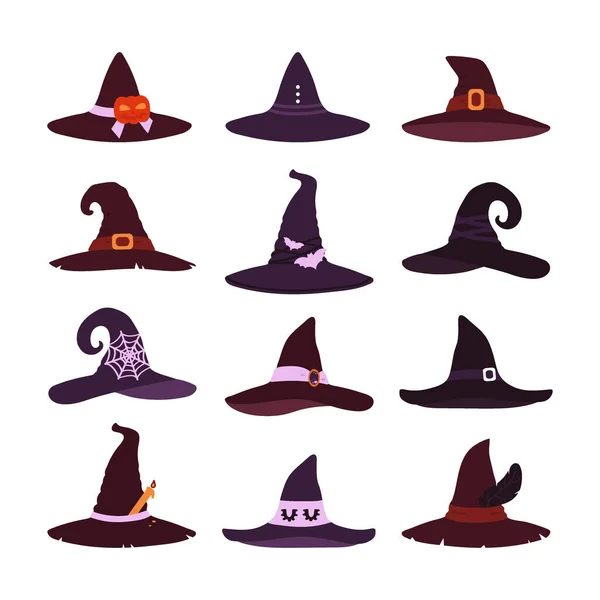 Witch Hats Collection Isolated White Background Set Items Halloween Vector — Stock Vector