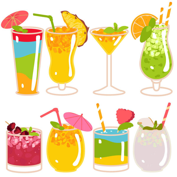 collection of summer cocktails in flat style isolated on white background vector