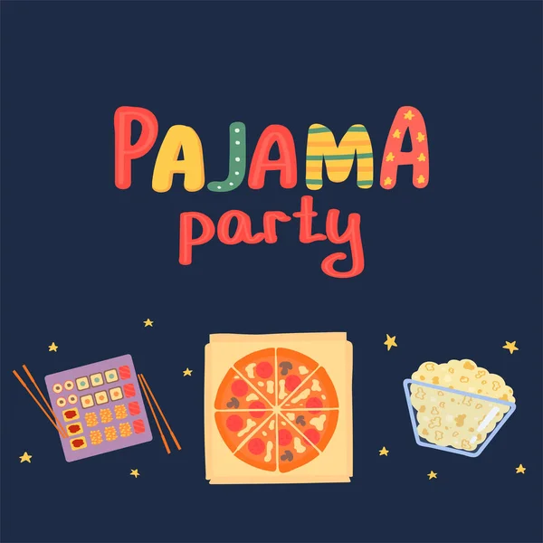 Petrecere Pijama Carte Poştală Sushi Pizza Popcorn Fundal Întunecat Ilustrație — Vector de stoc
