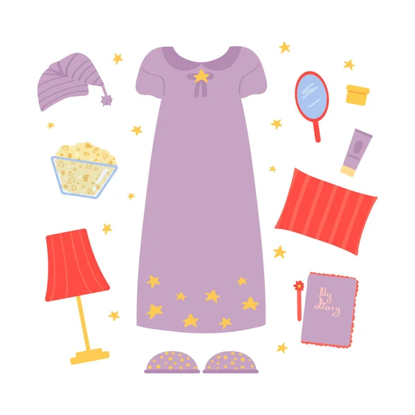 Kleidung Und Accessoires Für Eine Pyjama Party Ein Entspannter Abend — Stockvektor