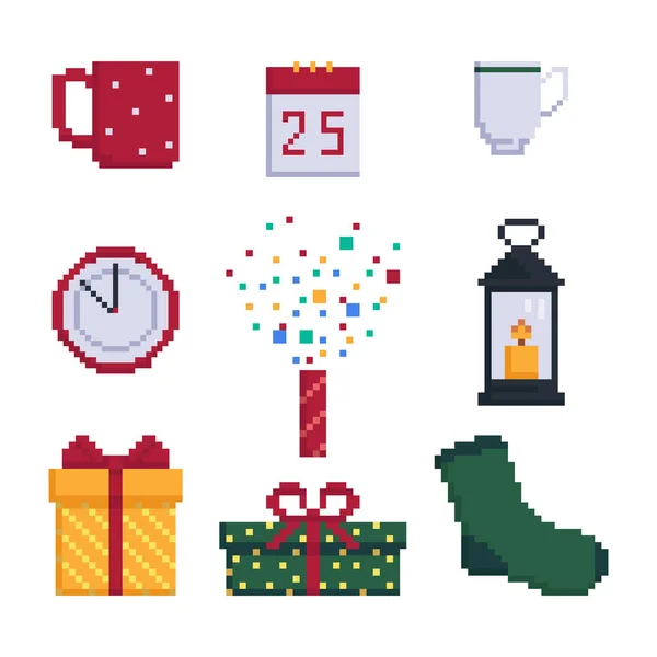 Set Icone Festa Natale Articoli Vacanze Bit Grafica Giochi Illustrazione — Vettoriale Stock