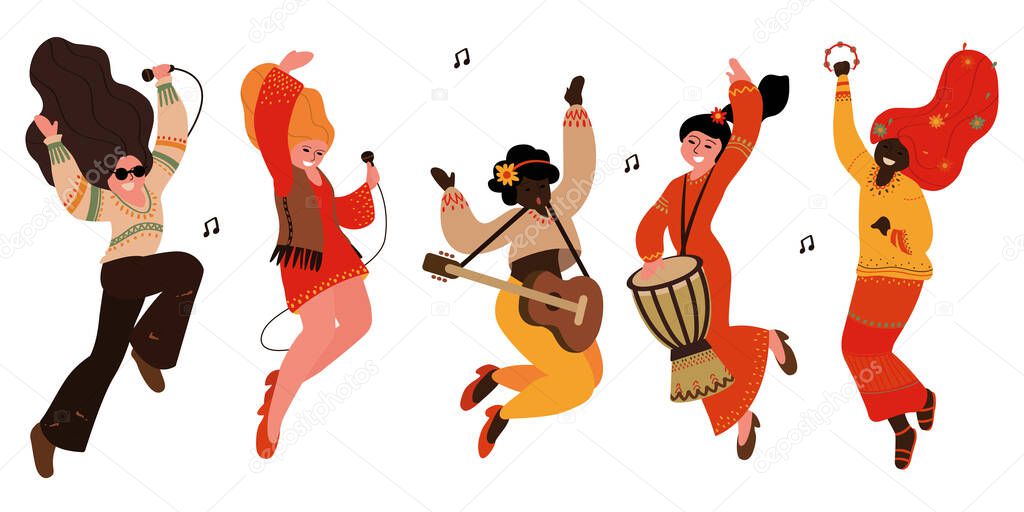 hippie girls music group isolated on white background vector illustration