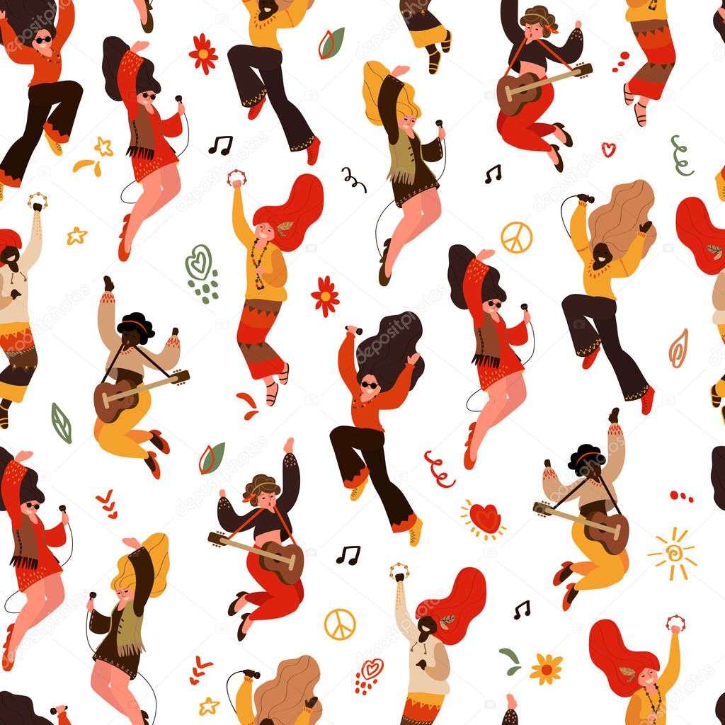 seamless pattern of dancing hippie girls in flat style on a white background