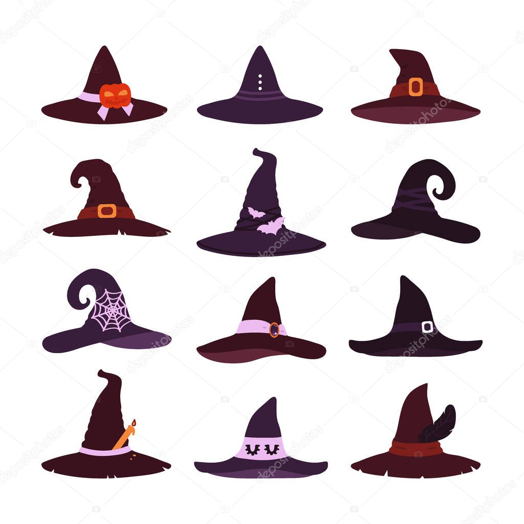 Witch hats collection isolated on white background. A set of items for Halloween. Vector illustration in the style of flat.