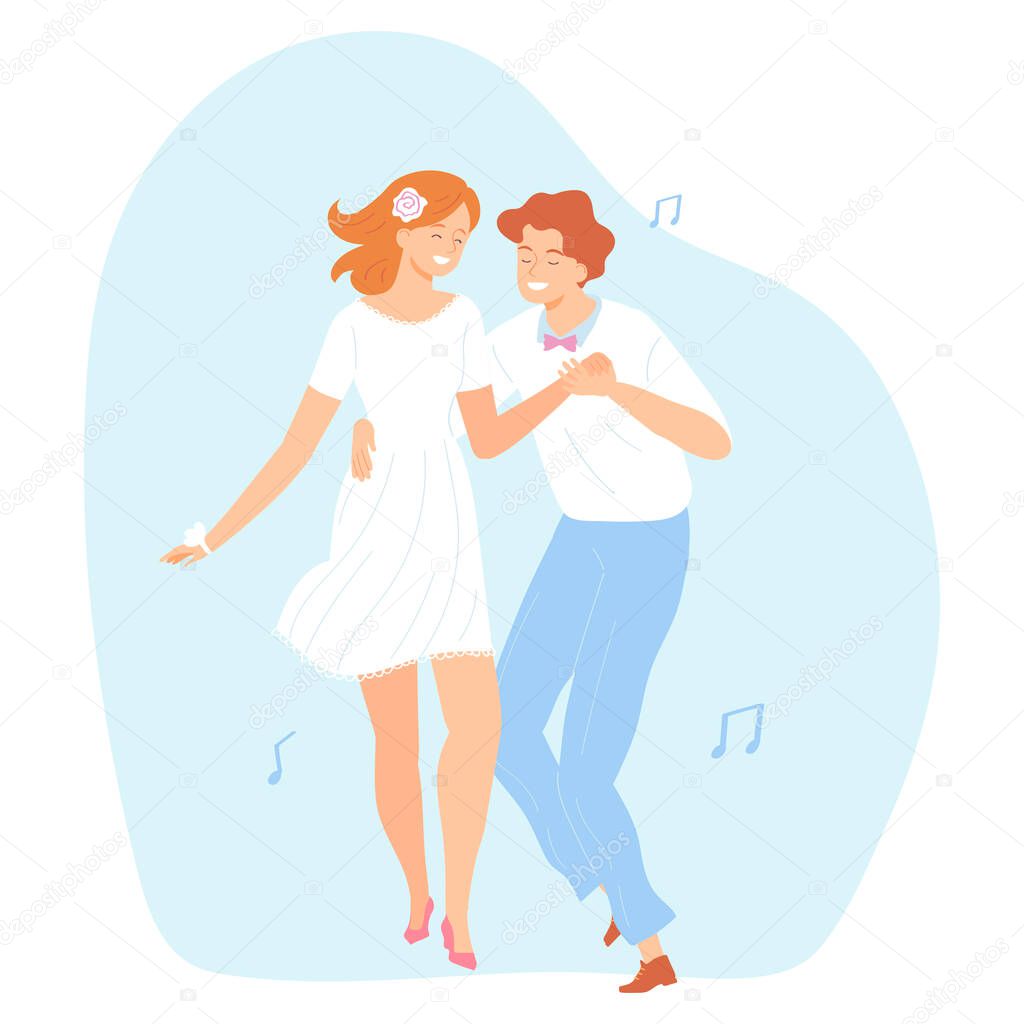 Enamored man and woman at the wedding. The bride and groom are dancing. Valentines Day concept. Vector illustration for banners, posters, postcard. Cartoon style characters.