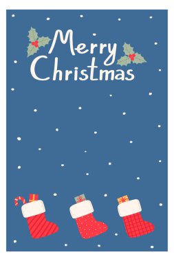 Noel ve Yeni Yıl tebrik kartı. Noel çorabında sürpriz. Mutlu noeller. Düz biçimli vektör illüstrasyonu