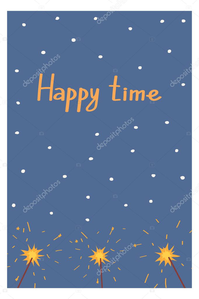 Greeting card Christmas and New Year card with sparklers. Vector illustration in flat style