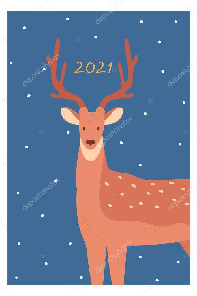 Christmas and New Year greeting card with a deer. Cartoon style character. Vector illustration in flat style