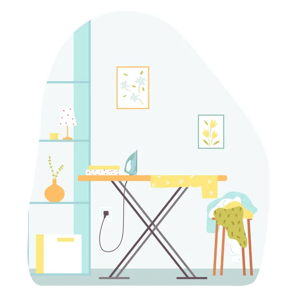 Strijkijzer Kleding Strijkplank Gezellige Kamer Huishoudelijk Concept Vector Illustratie Platte — Stockvector