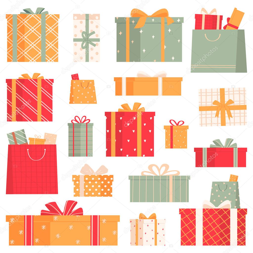 Collection of gift boxes isolated on white background. Beautiful boxes tied with ribbons. Vector illustration in cartoon style