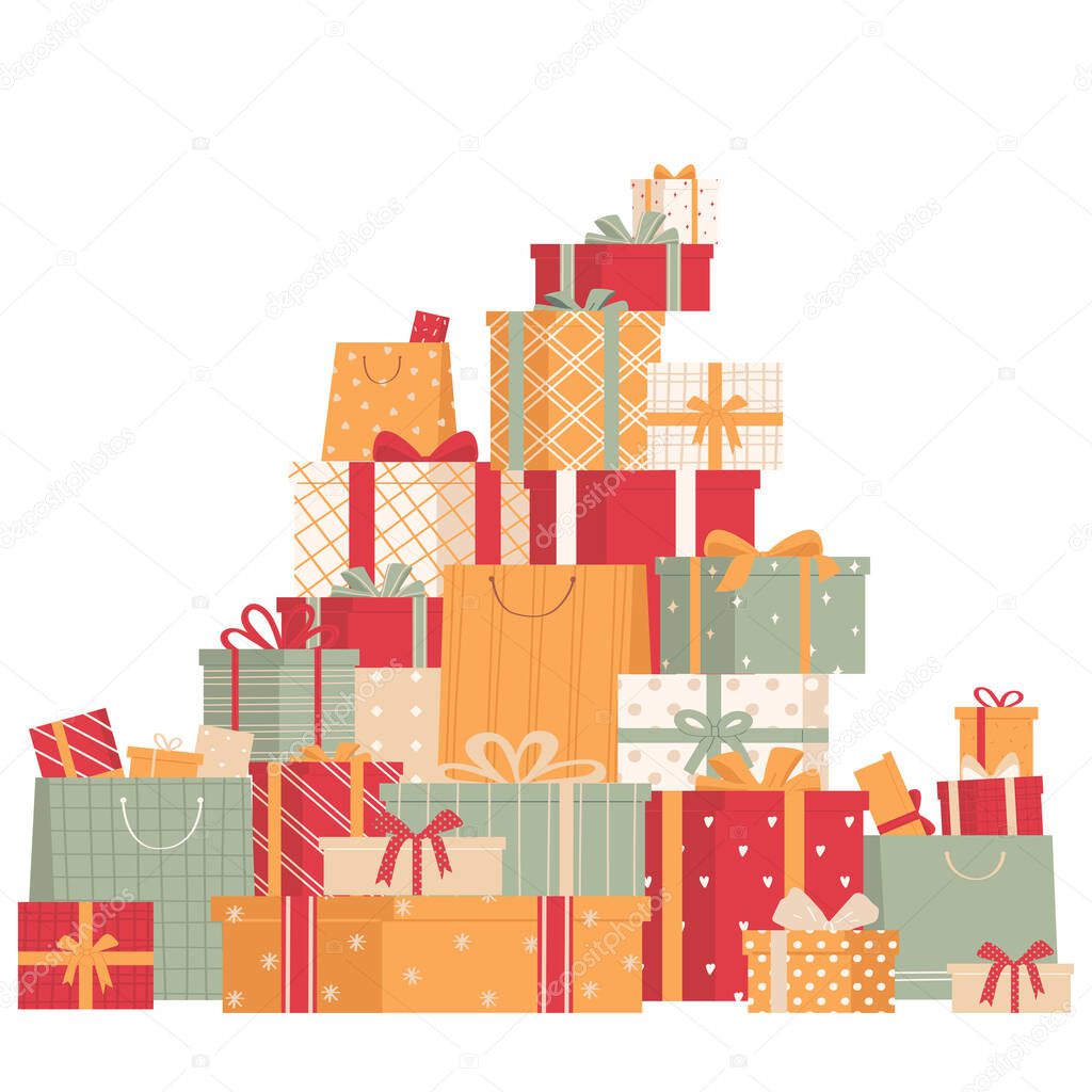 Collection of gift boxes isolated on white background. Big pile of surprises. Mountain of gifts.Vector illustration in cartoon style