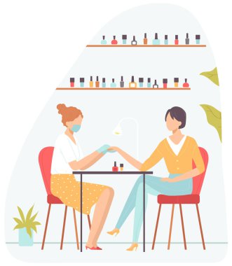 Güzellik salonunda manikür yapan bir kadın. Rahatlatıcı spa tedavileri. Pankart, web sitesi tasarımı veya iniş web sayfası kavramı. Çizgi film düz stiliyle vektör illüstrasyonu.