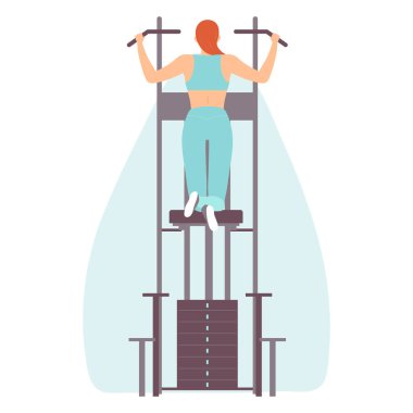 Genç bir kadın spor salonundaki gravitron 'a yanaşıyor. Egzersiz makinesi. Sağlıklı bir yaşam tarzı. Elle çizilmiş düz biçimdeki vektör illüstrasyonu.