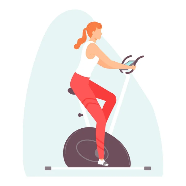 Junge Frau auf festem Fahrrad. Cardio-Fitness-Trainer. Gesunder Lebensstil. Vektorillustration in handgezeichnetem flachen Stil. — Stockvektor