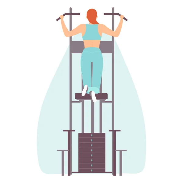 Young woman pulls up in the gravitron in the gym. Exercise machine. Healthy lifestyle. Vector illustration in hand drawn flat style. — Stock Vector