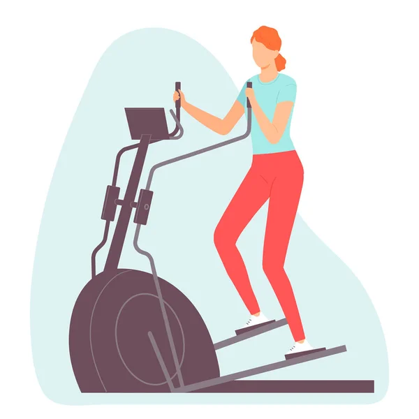 年轻的女人在健身房锻炼。椭圆心血管机。健康的生活方式手绘扁平样式的矢量图解. — 图库矢量图片