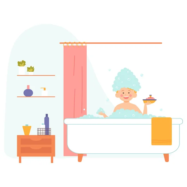 Baby bathes in a bathtub with foam. Hygiene. Vector illustration. Cartoon style character — Stock Vector