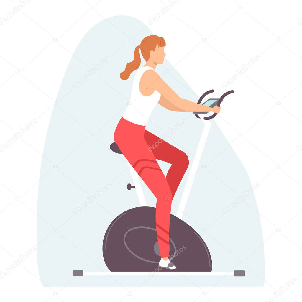 Young woman on stationary bike. Cardio fitness trainer. Healthy lifestyle. Vector illustration in hand drawn flat style.