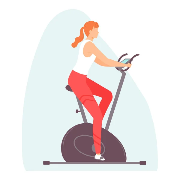 骑固定自行车的年轻妇女 有氧健身教练健康的生活方式手绘扁平样式的矢量图解 — 图库矢量图片
