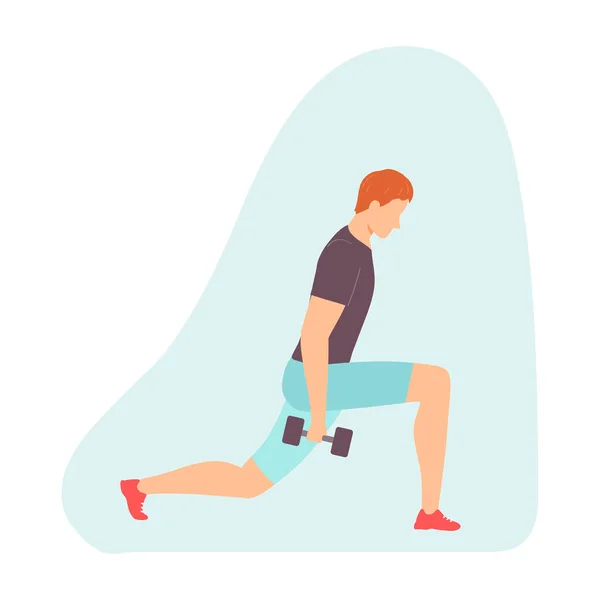 Young Man Lunges Dumbbells Leg Muscles Healthy Lifestyle Vector Illustration — Vetor de Stock