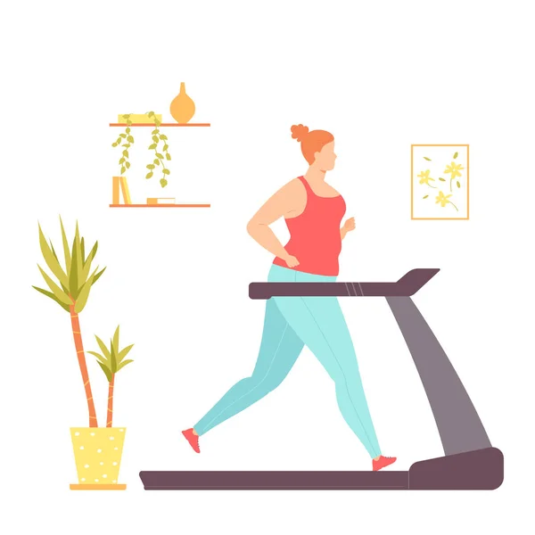 在跑步机上的胖女人在家里做有氧运动 体重减轻 健康的生活方式手绘扁平样式的矢量图解 — 图库矢量图片