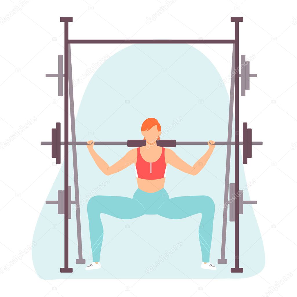 Young woman squats with a barbell. Plie squat. Healthy lifestyle. Vector illustration in hand drawn flat style