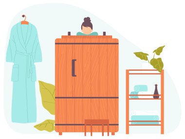 Tahta su varilindeki sağlık spa prosedürleri. Tahta jakuzide oturan bir kadın spa su prosedürü uyguluyor. Tedaviler, cilt bakımı. Düz bir şekilde vektör illüstrasyonu.