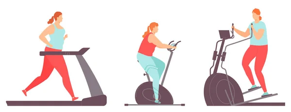 Dicke Frauen machen Übungen an Cardio-Geräten. Laufband, Crosstrainer, Heimtrainer. Gewichtsverlust. Gesunder Lebensstil. Charaktere isoliert auf weißem Hintergrund. Vektorgrafik in flacher Zeichnung — Stockvektor