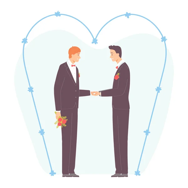 Young Gay Couple Wedding Outfits Men Hold Hands Smile Vector — Stock Vector