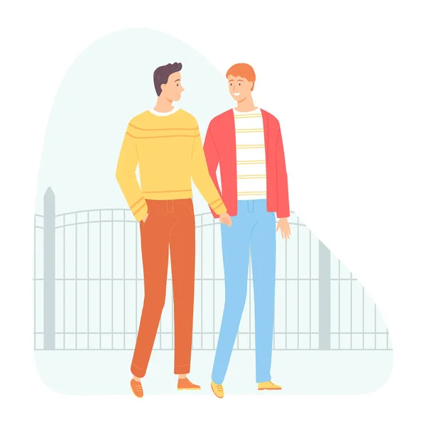 Δύο Ερωτευμένοι Άντρες Περπατούν Ζευγάρι Του Ίδιου Φύλου Εικονογράφηση Διάνυσμα — Διανυσματικό Αρχείο