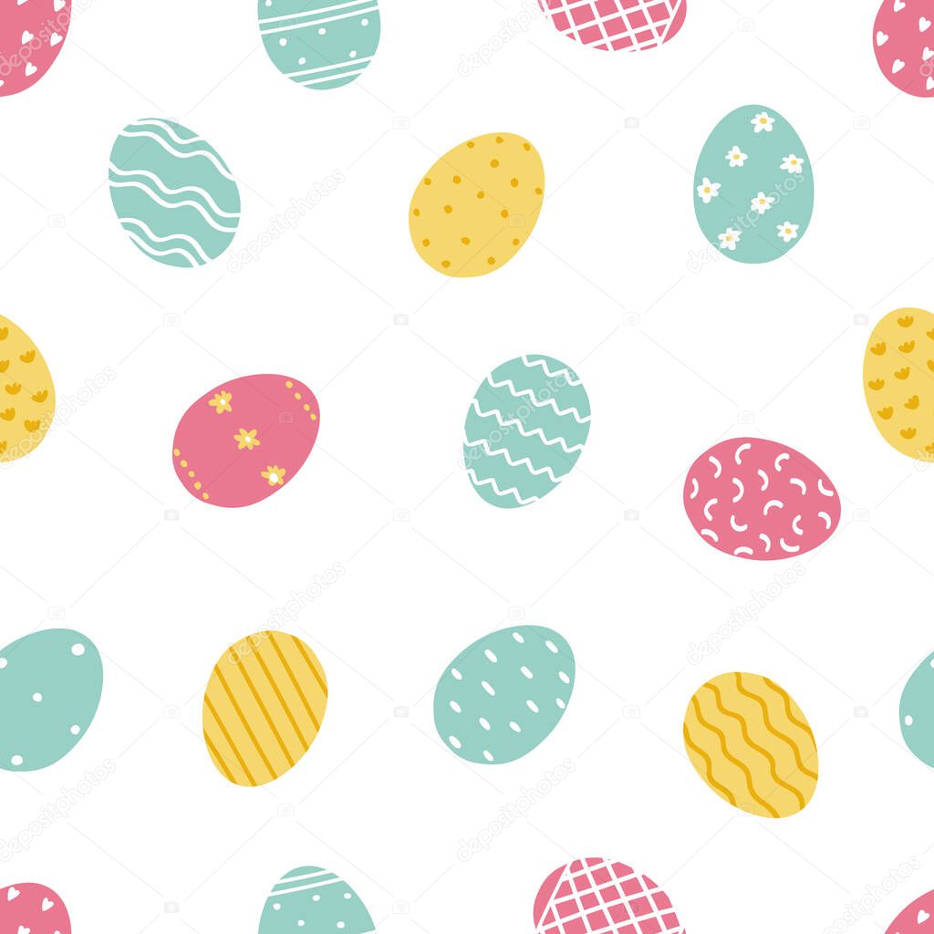 Happy Easter eggs seamless pattern on white background. Cute easter eggs. Vector Illustration flat style design for invitations, prints, wrapping paper