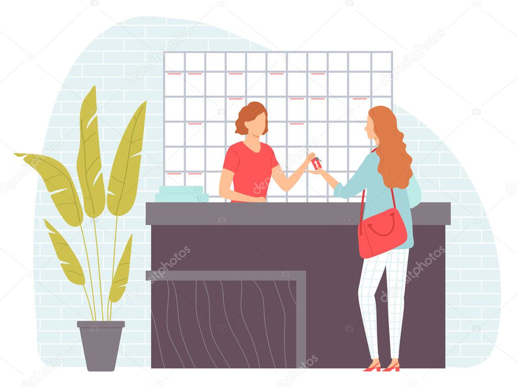 Reception in the gym. A young woman gives the key to the locker room to a client. Healthy lifestyle. Vector illustration in hand drawn flat style