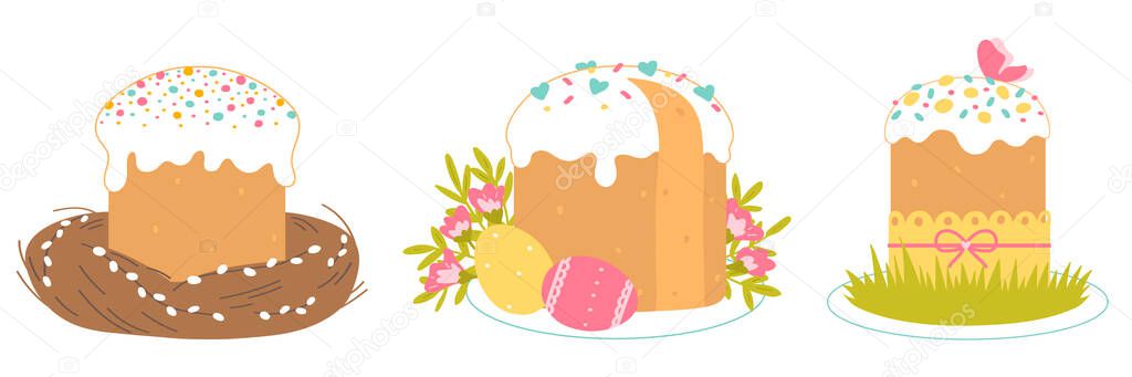 Set of Easter cakes isolated on a white background. Cupcake, nest, flowers, grass and painted eggs. Vector illustration in flat style