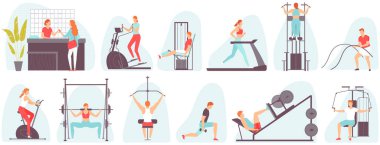 Spor salonundaki karakterler. Erkekler ve kadınlar spor aletleri üzerinde egzersiz yapıyorlar. Sağlıklı bir yaşam tarzı. Elle çizilmiş düz biçimdeki vektör illüstrasyonu